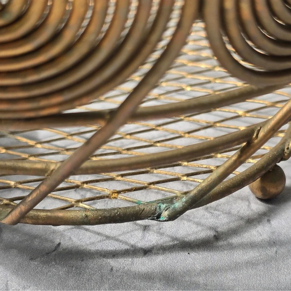 Vintage MCM Atomic Brass Tone Spiral Wire Basket Mid Century Modern Centerpiece